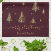 Linge De Cuisine Chic Burgundy gold glitter merry christmas trees (Plié)