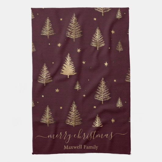 Linge De Cuisine Chic Burgundy gold glitter merry christmas trees (Vertical)