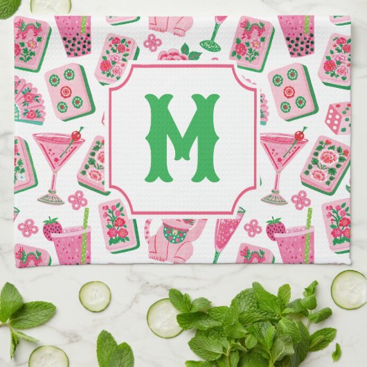 Linge De Cuisine Chic Capriceux Rose & Vert Monogramme Fête Mahjong (Plié)