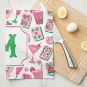 Linge De Cuisine Chic Capriceux Rose & Vert Monogramme Fête Mahjong (Quart Plié)