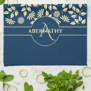 Linge De Cuisine Chic Monogramme Nom personnalisé Feuilles Faisceau