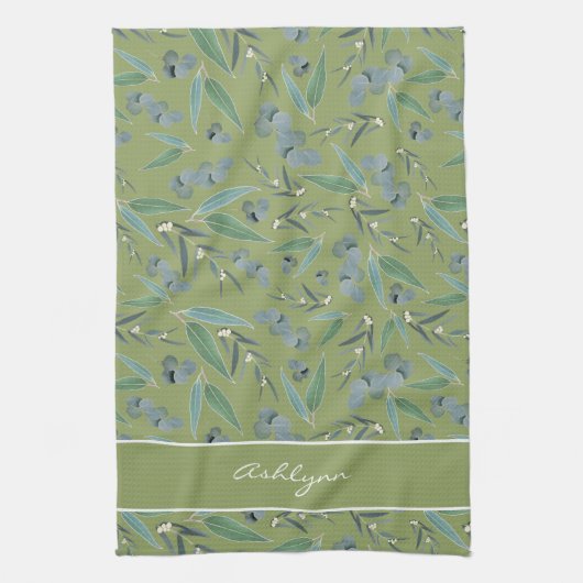 Linge De Cuisine Chic Motif Eucalyptus Vert Sage Personnalisé (Vertical)