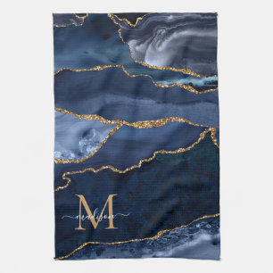 Linge De Cuisine Chic Navy Blue Gold Parties scintillant Géode Marb