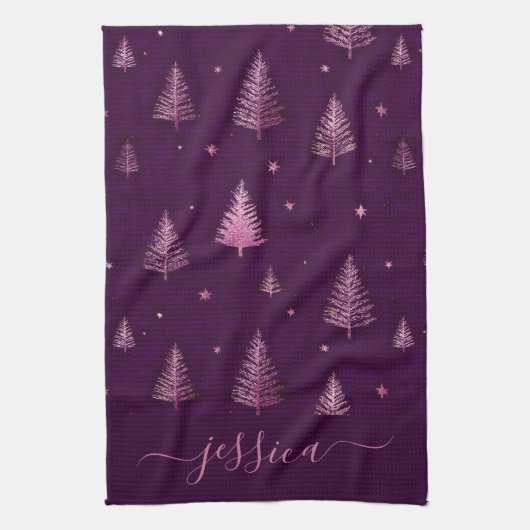 Linge De Cuisine Chic pink glitter purple christmas trees name (Vertical)