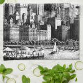 Linge De Cuisine Chicago Cityscape noir blanc (Plié)