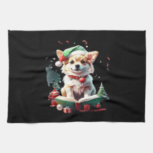 Linge De Cuisine Chien au chapeau de Noël avec des livres - Un parf