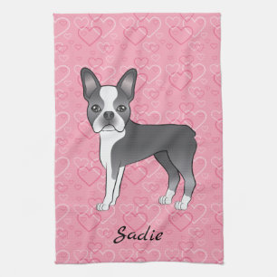 Linge De Cuisine Chien Boston Terrier Bleu sur cœurs roses et nom