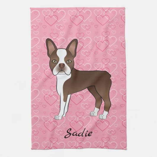 Linge De Cuisine Chien Brown De Boston Terrier Sur Coeurs Et Nom Ro (Vertical)