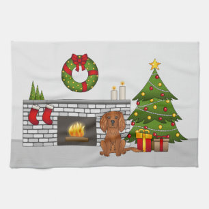 Linge De Cuisine Chien Cavalier Ruby Dans Une Salle De Noël Festive
