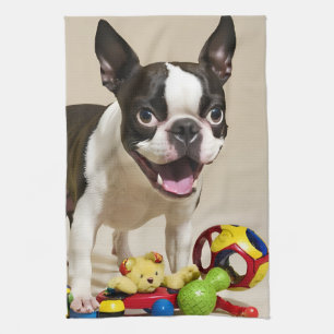 Linge De Cuisine Chien de Boston Terrier jouant avec des jouets