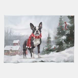 Linge De Cuisine Chien de Boston Terrier pendant Noël de neige
