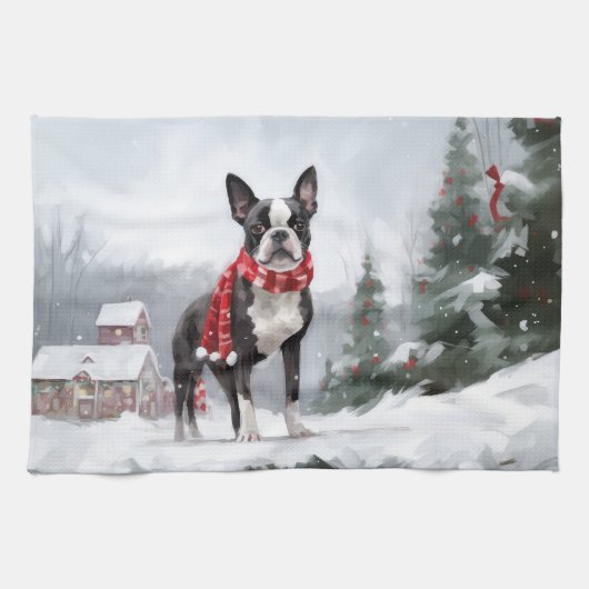 Linge De Cuisine Chien de Boston Terrier pendant Noël de neige (Horizontal)