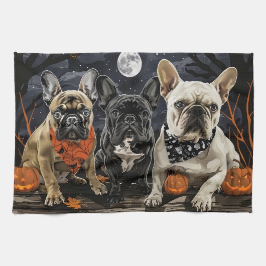Linge De Cuisine Chien de taureau français Halloween Éffrayant (Horizontal)