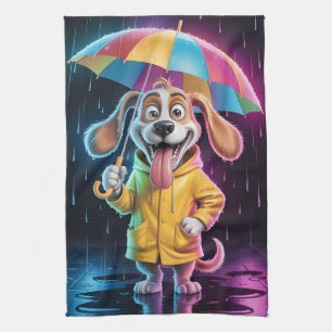Linge De Cuisine Chien en imperméable jaune avec parapluie arc-en-c