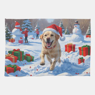 Linge De Cuisine Chien Labrador courant dans la neige avec un chape