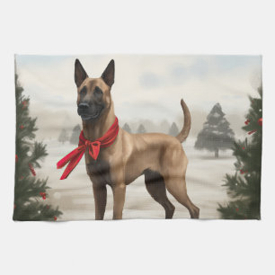 Linge De Cuisine Chien Malinois Belge dans la neige Noël