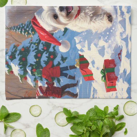 Linge De Cuisine Chien maltais courant dans la neige avec Casquette (Plié)