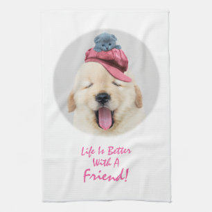 Linge De Cuisine Chien mignon et duveteux avec un chat sur la tête