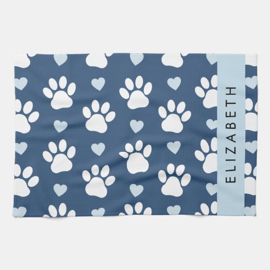 Linge De Cuisine Chien Paws, White Paws, Blue Hearts, Votre Nom (Horizontal)