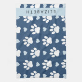 Linge De Cuisine Chien Paws, White Paws, Blue Hearts, Votre Nom (Vertical)