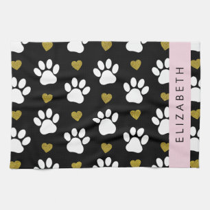 Linge De Cuisine Chien Paws, White Paws, Gold Hearts, Votre Nom