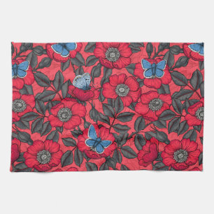 Linge De Cuisine Chien rose et papillons en rouge et bleu