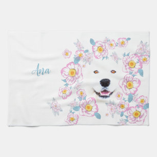 Linge De Cuisine Chien Samoyed et fleurs roses, nom customisé