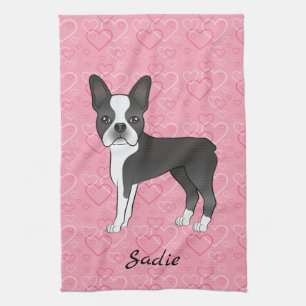 Linge De Cuisine Chien Terrier Boston Noir sur Cœurs Roses et Nom