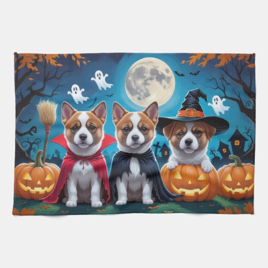 Linge De Cuisine Chiens Akita Citrouille Halloween Drôle (Horizontal)
