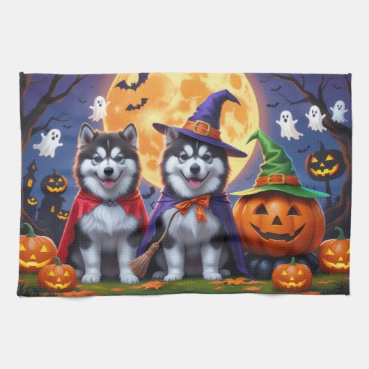 Linge De Cuisine Chiens Alaskan Malamute Citrouille Halloween Drôle (Horizontal)