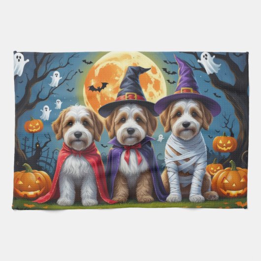 Linge De Cuisine Chiens Bernedoodle Citrouille Drôle d'Halloween (Horizontal)