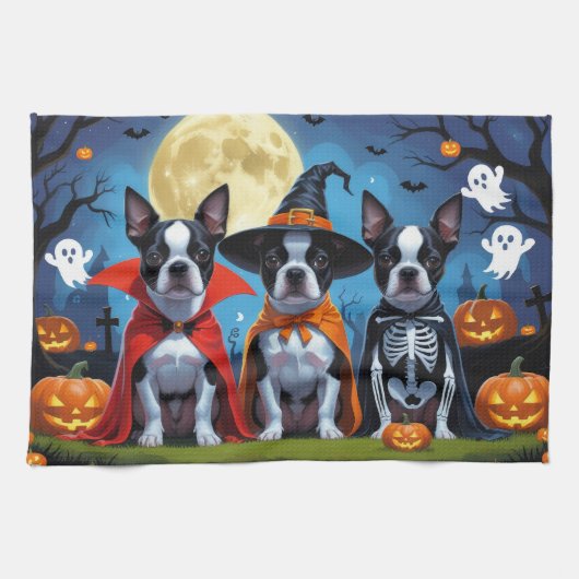 Linge De Cuisine Chiens Boston Terrier Citrouille Drôle d'Halloween (Horizontal)