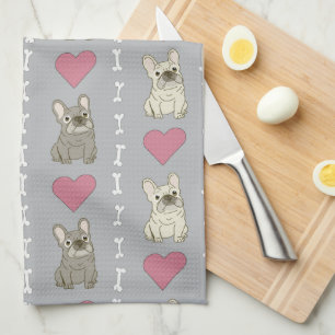 Linge De Cuisine Chiens mignons, Frenchie, cœurs et os