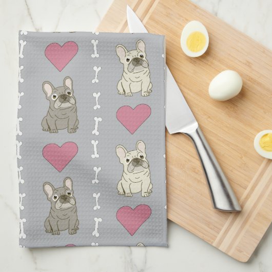 Linge De Cuisine Chiens mignons, Frenchie, cœurs et os (Quart Plié)