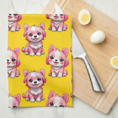 Linge De Cuisine Chiens roses mignons - Jaune  (Quart Plié)