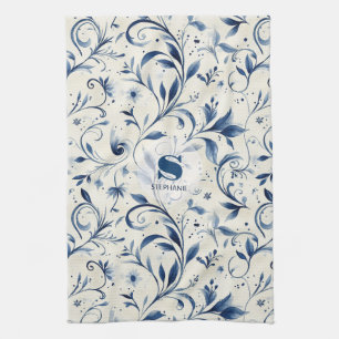 Linge De Cuisine Chinoiserie aquarelle bleue vigne et fleurs