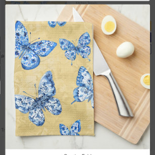 Linge De Cuisine Chinoiserie Bleue Vintage Papillons Damassé Délavé