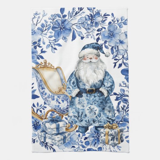 Linge De Cuisine Chinoiserie Blue White Floral Christmas Santa (Vertical)