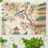 Linge De Cuisine Chinoiserie Élégante - Pagodes, Fleurs et Oiseaux (Plié)