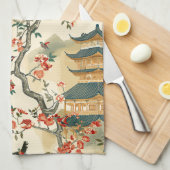 Linge De Cuisine Chinoiserie Élégante - Pagodes, Fleurs et Oiseaux (Quart Plié)