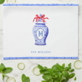 Linge De Cuisine Chinoiserie Ginger Jar Monogramme | Bow rouge (Plié)