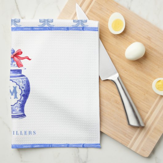 Linge De Cuisine Chinoiserie Ginger Jar Monogramme | Bow rouge (Quart Plié)