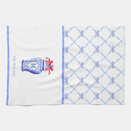 Linge De Cuisine Chinoiserie Ginger Jar Monogramme | Bow rouge (Horizontal)