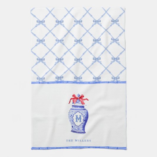 Linge De Cuisine Chinoiserie Ginger Jar Monogramme | Bow rouge (Vertical)