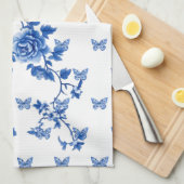 Linge De Cuisine Chinoiserie Roses papillon bleu blanc (Quart Plié)