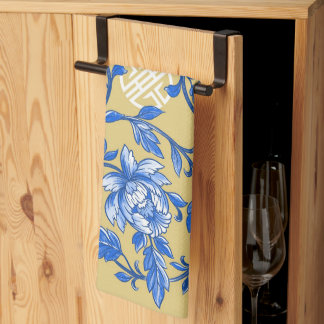 Linge De Cuisine Chinoiserie vintage Florale Bleu et Or