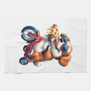 Linge De Cuisine chiot à vélo mangeant une pizza