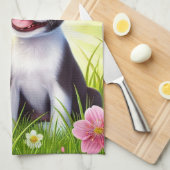 Linge De Cuisine Chiot mignon avec fleurs et papillons (Quart Plié)