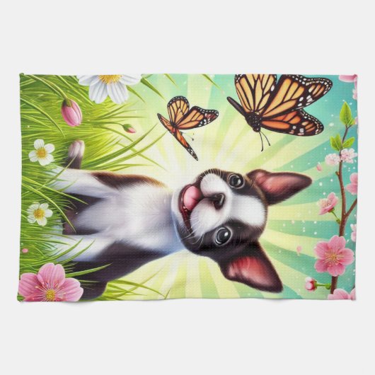 Linge De Cuisine Chiot mignon avec fleurs et papillons (Horizontal)