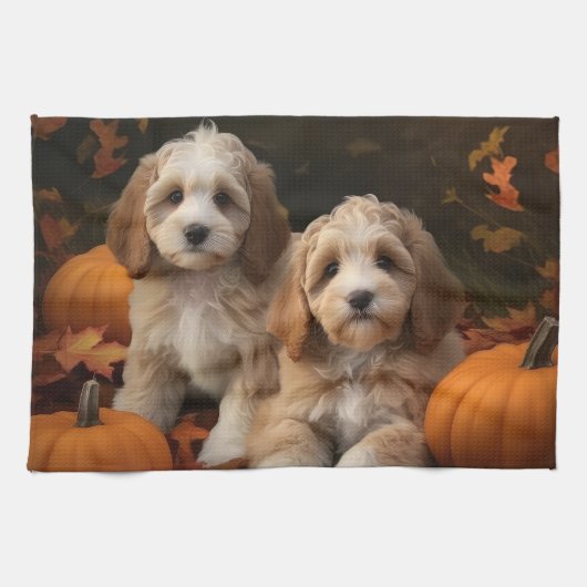 Linge De Cuisine Chiots Cockapoo Délice d'Automne Citrouille (Horizontal)